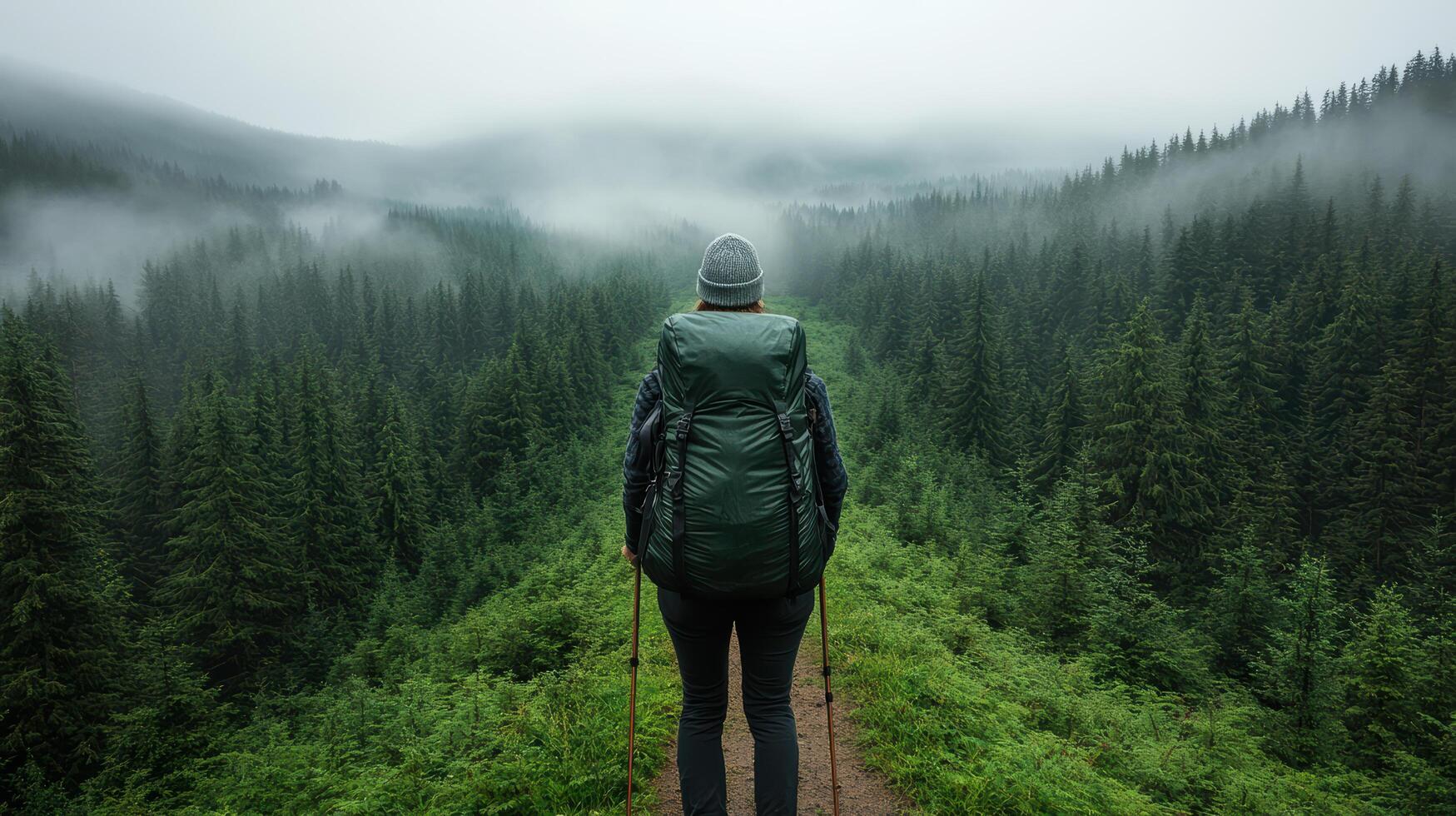 Wanderer stands on forest trail, surrounded by misty mountains and lush greenery photo
