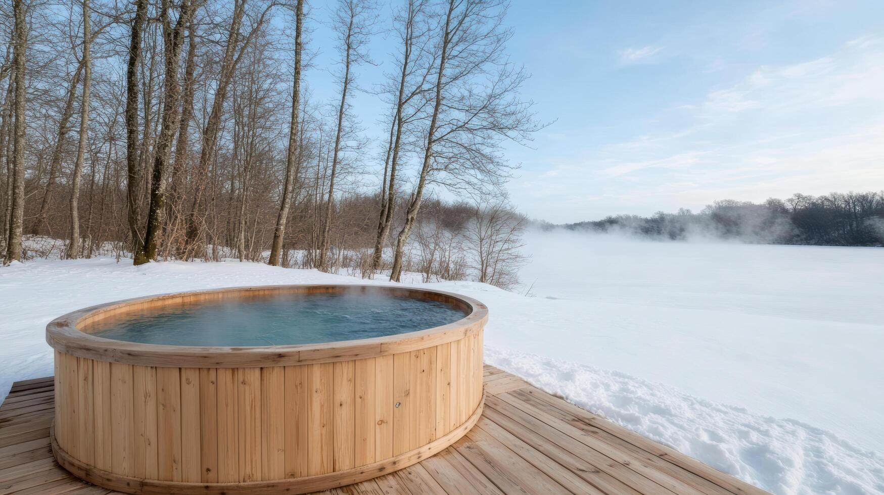 Serene wooden hot tub surrounded by snow covered trees, offering peaceful winter retreat photo