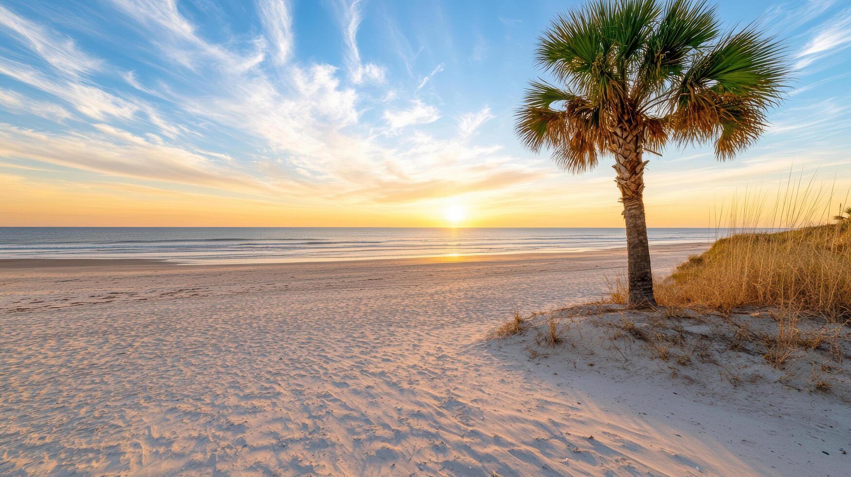 Palm tree on the beach at sunrise photo