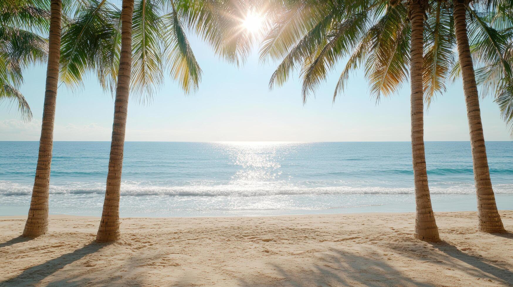A beach with palm trees and the sun shining through photo