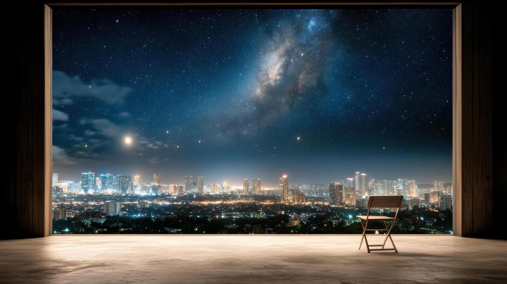 A chair is sitting in front of an open door with a view of the city photo