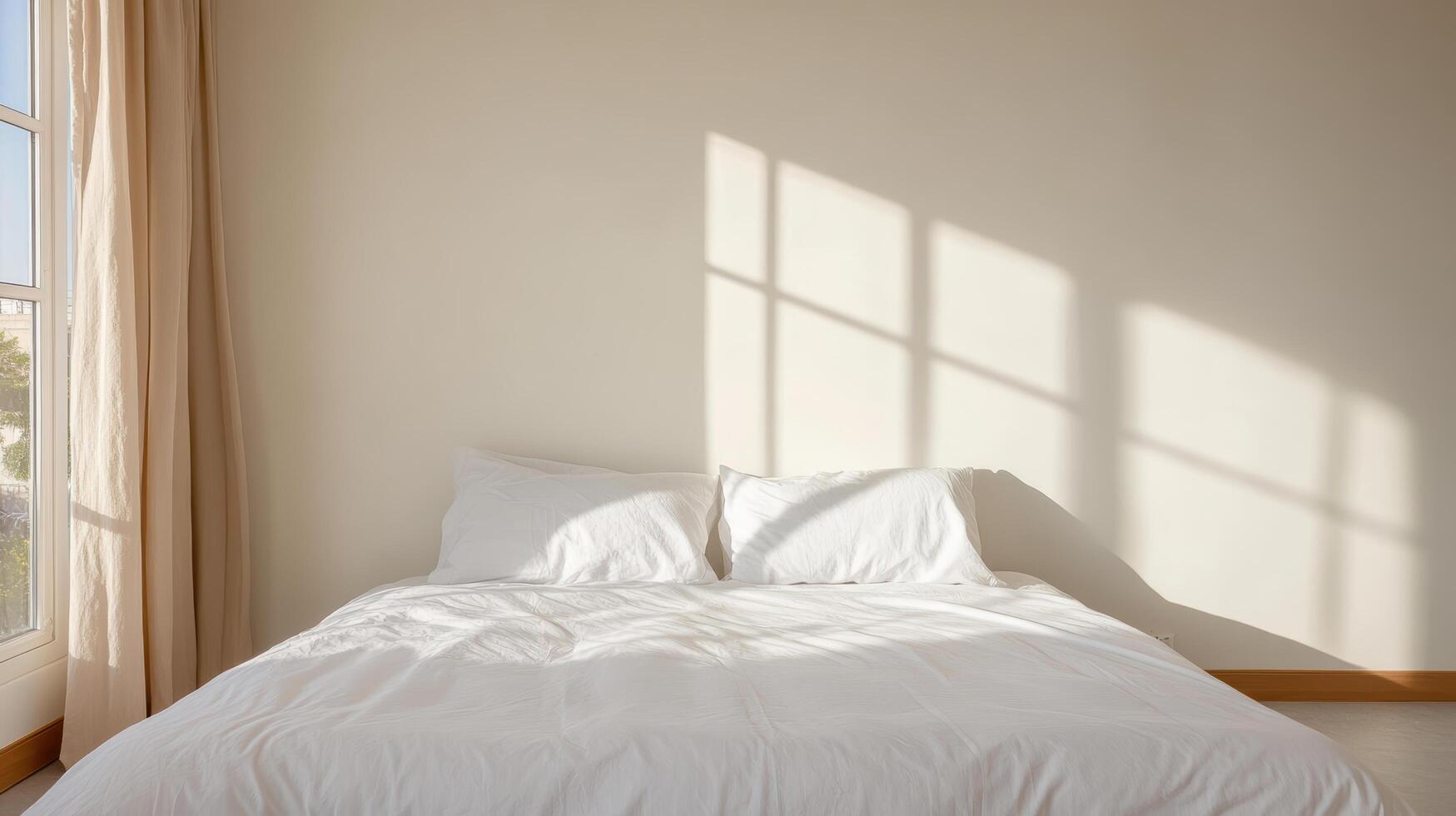 A white bed with white sheets and pillows in front of a window photo