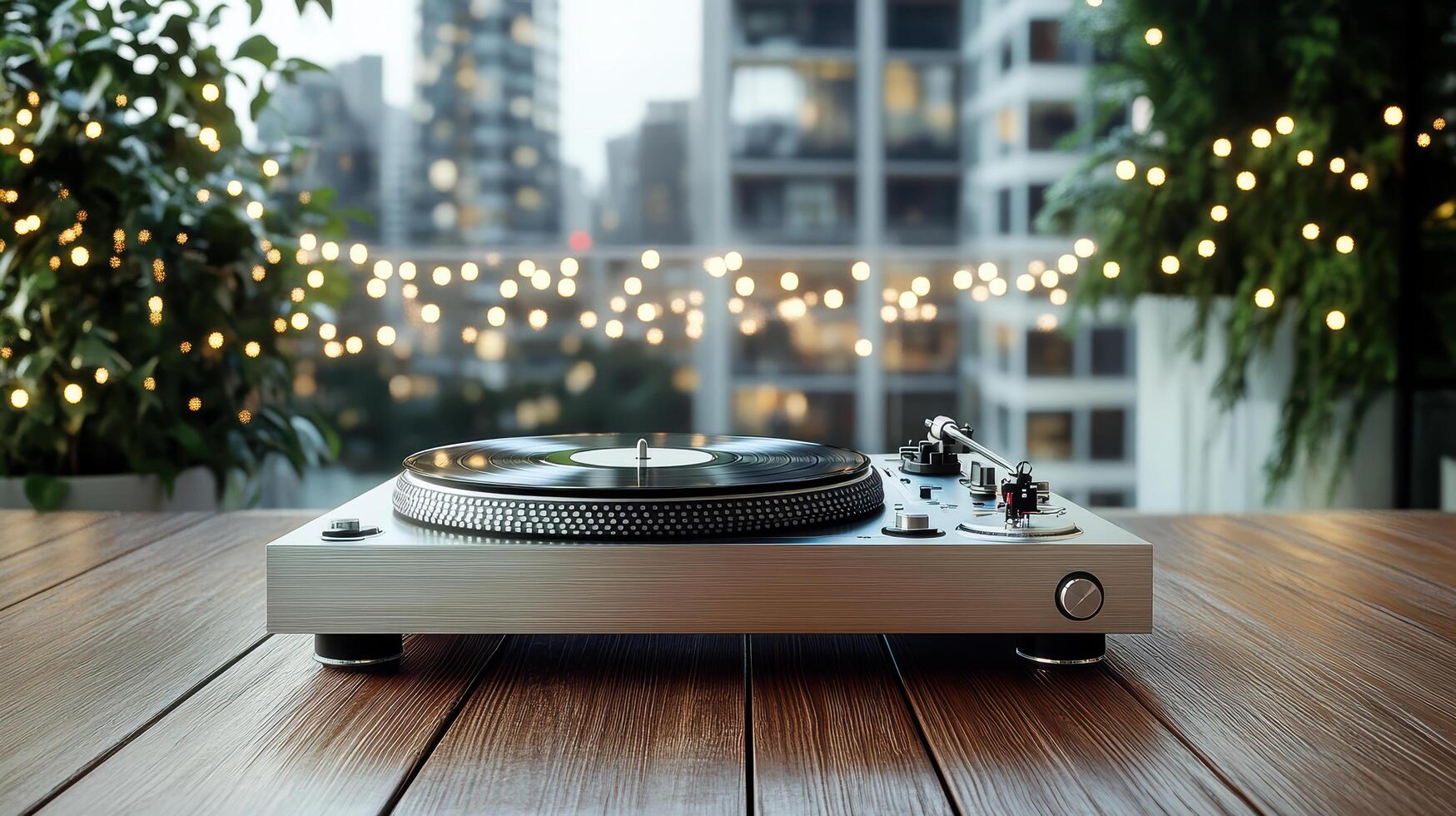 A turntable on a wooden table with lights in the background photo