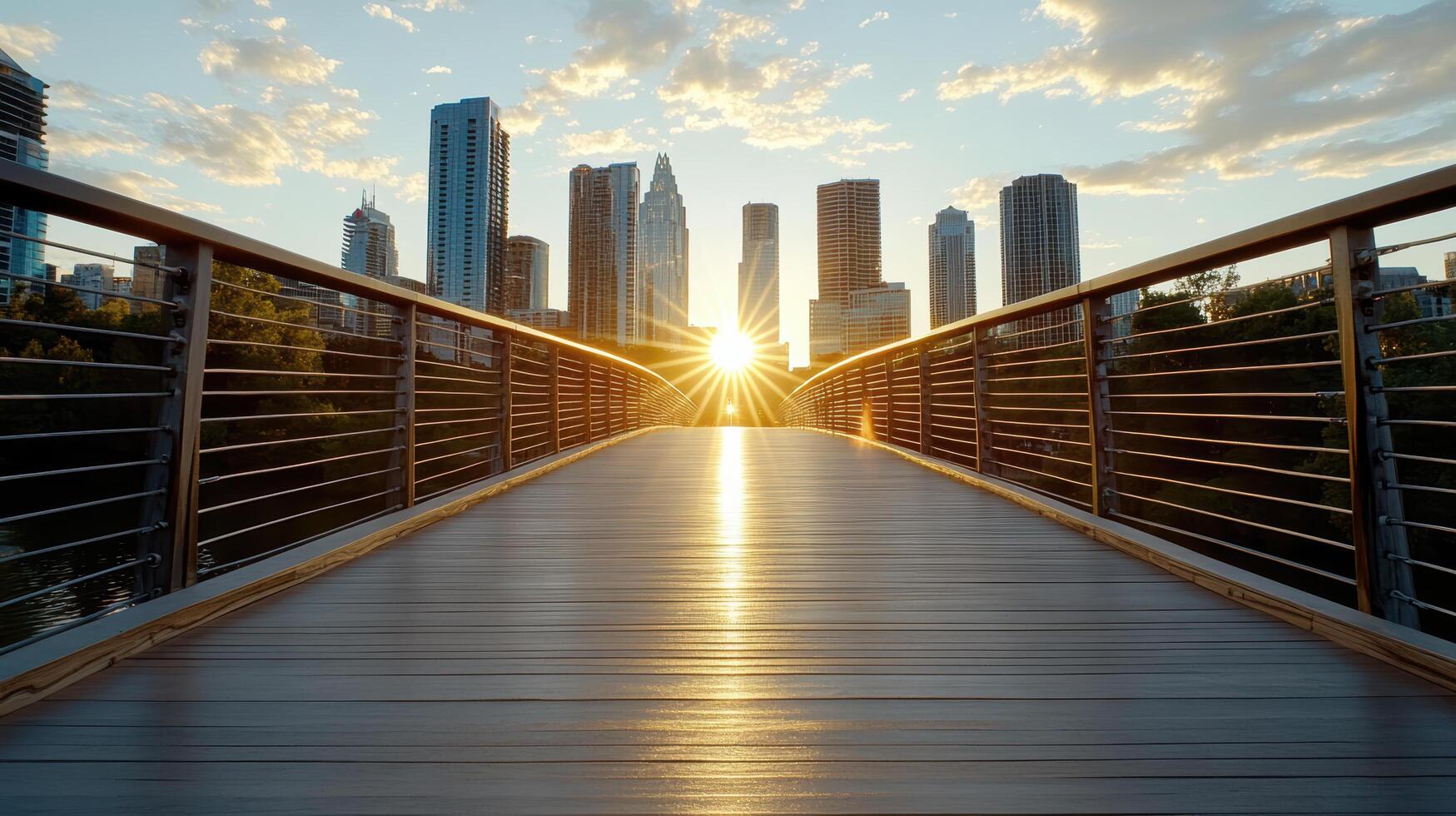 A bridge over a city skyline with the sun setting photo