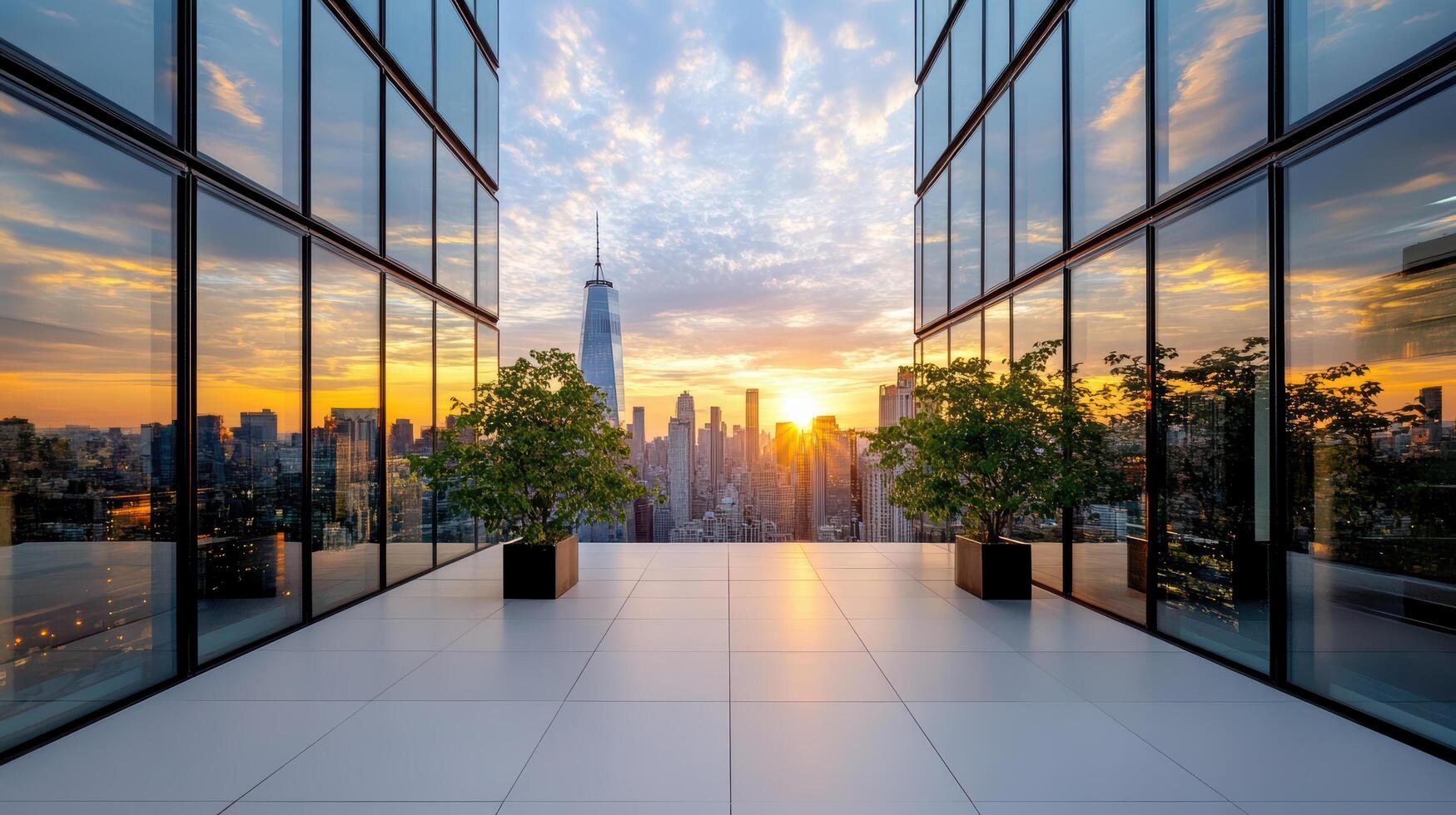 A view of the city skyline from inside a building photo