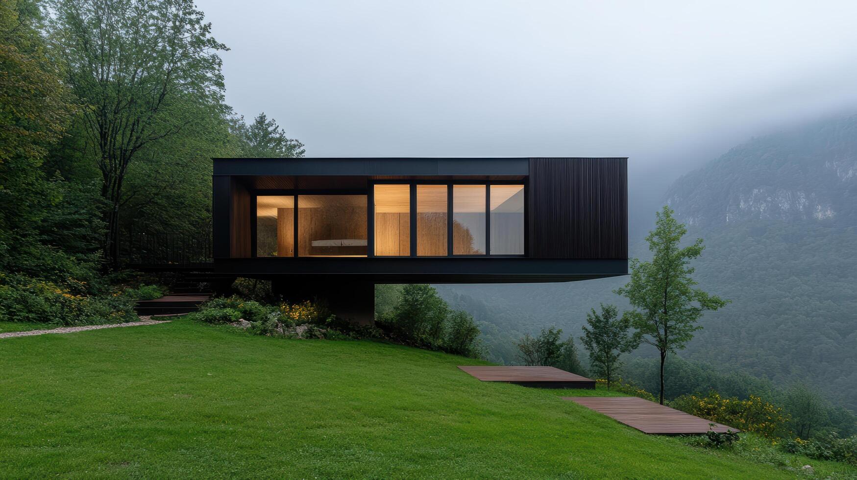 A modern house sitting on top of a hill photo