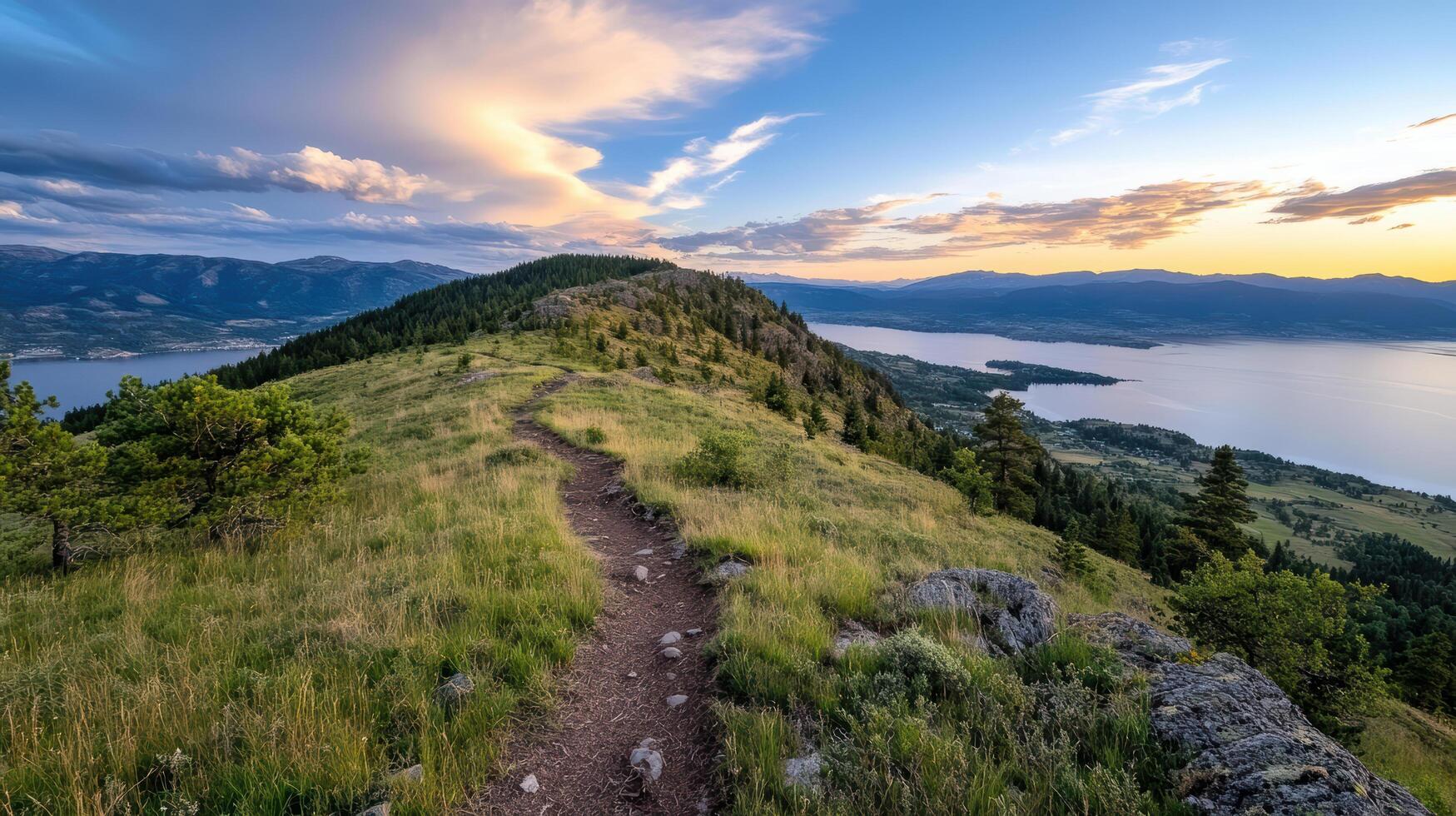 A trail leads up to a mountain top with a lake in the background photo