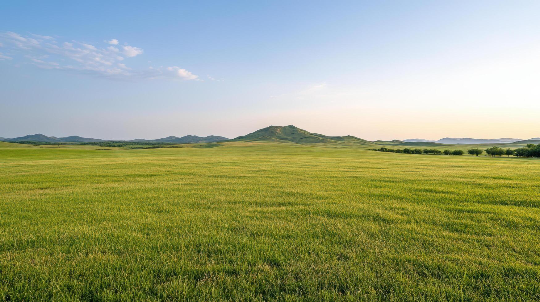 A grassy field with hills in the background photo