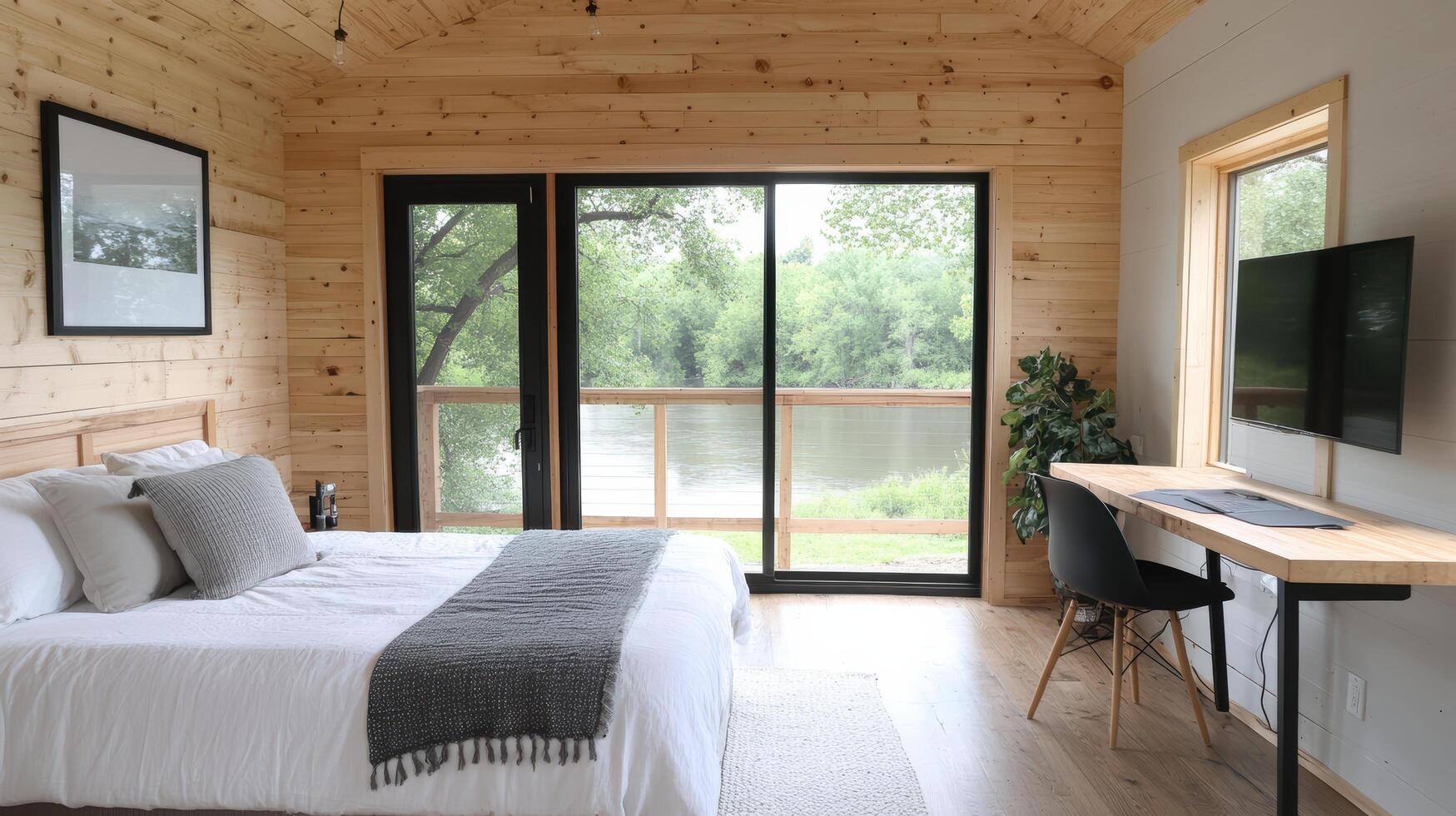 A bedroom with a bed, desk and a window photo