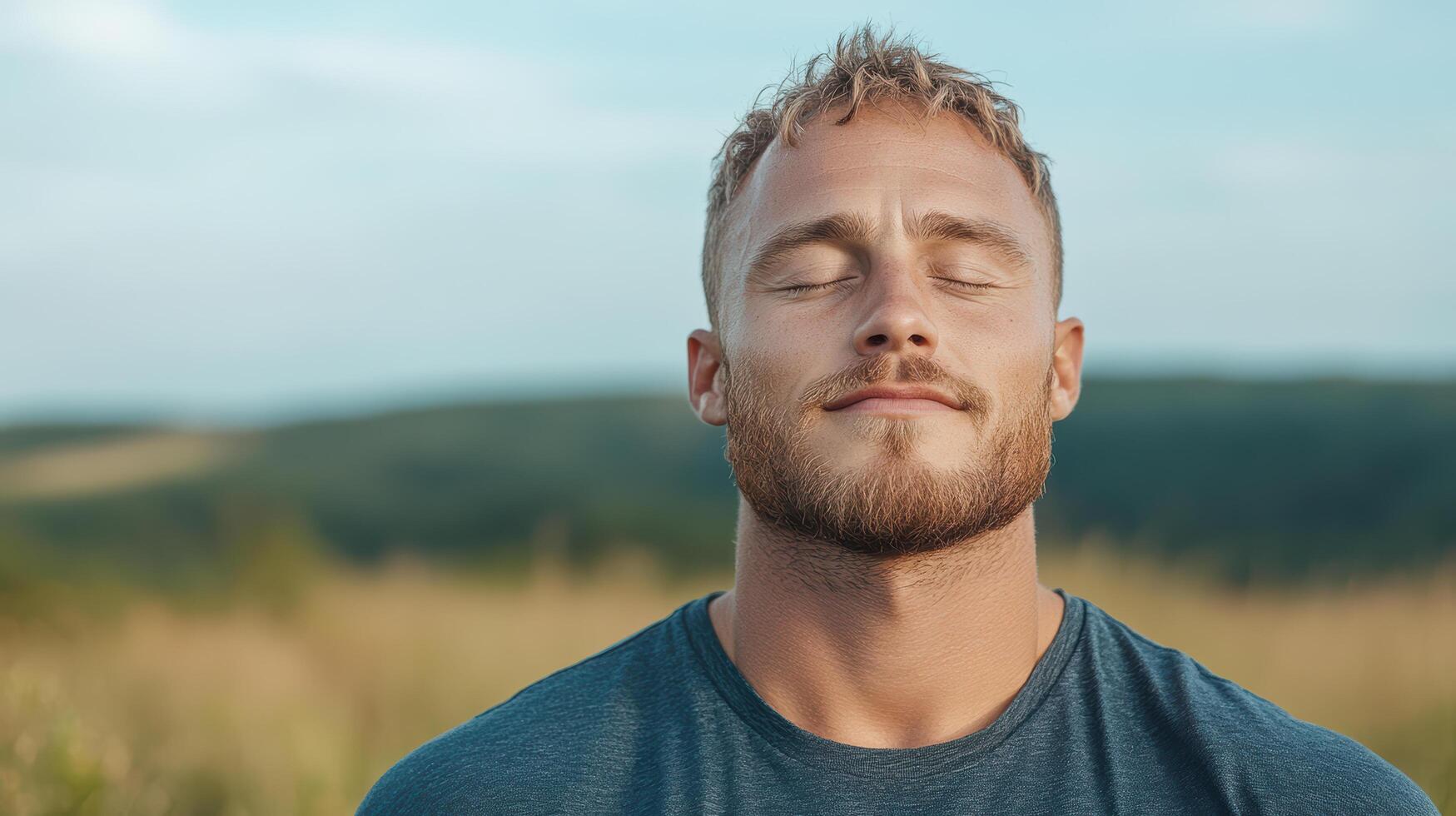 A man with his eyes closed in a field photo