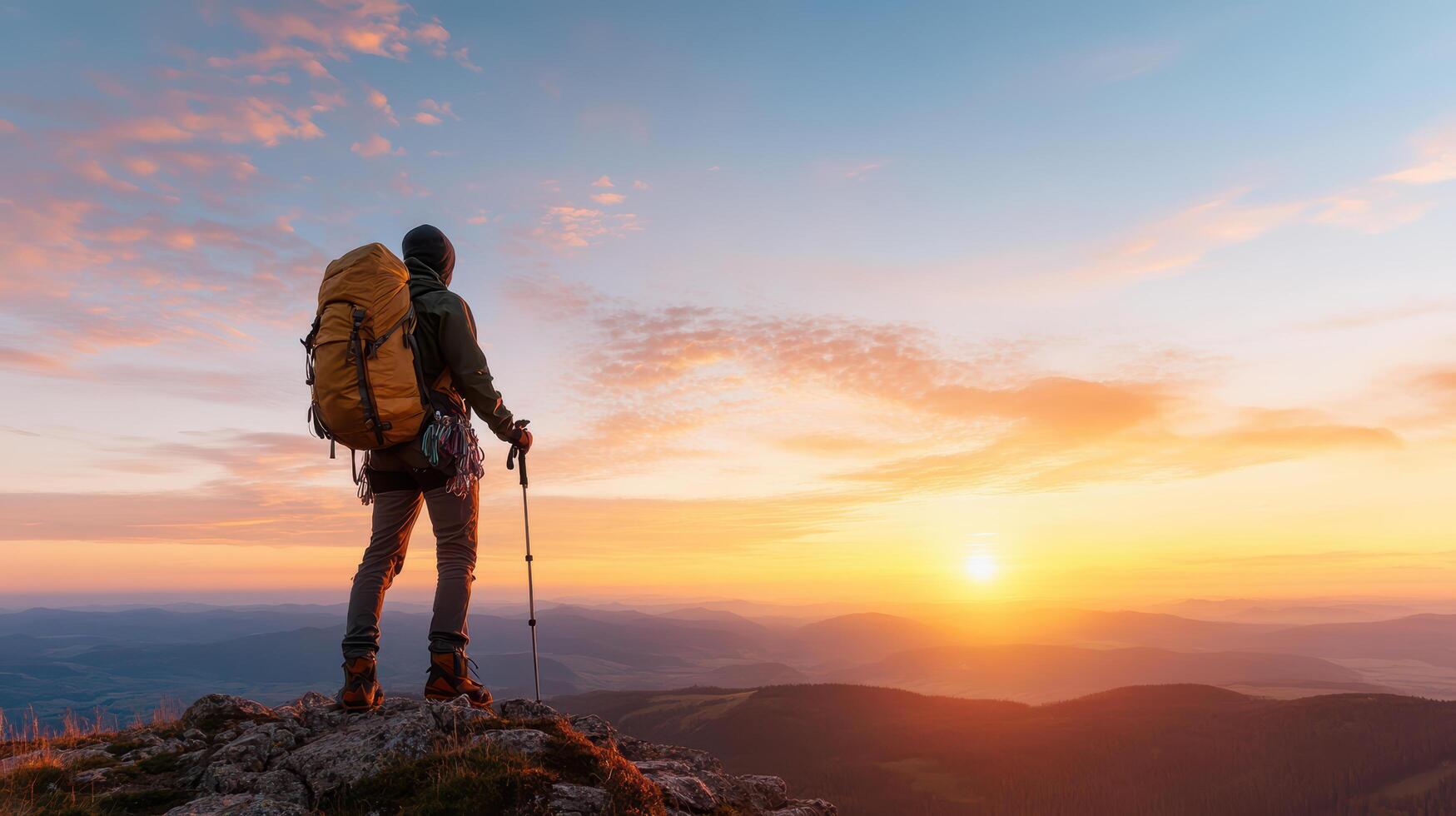 A person with a backpack standing on top of a mountain at sunset photo