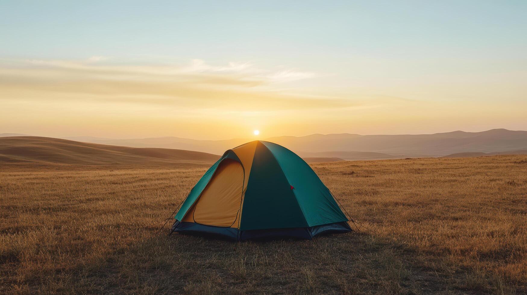 A tent is set up in the middle of a field at sunset photo