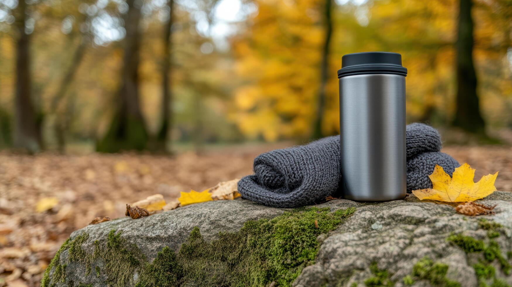 A thermos cup and a blanket on a rock in the woods photo