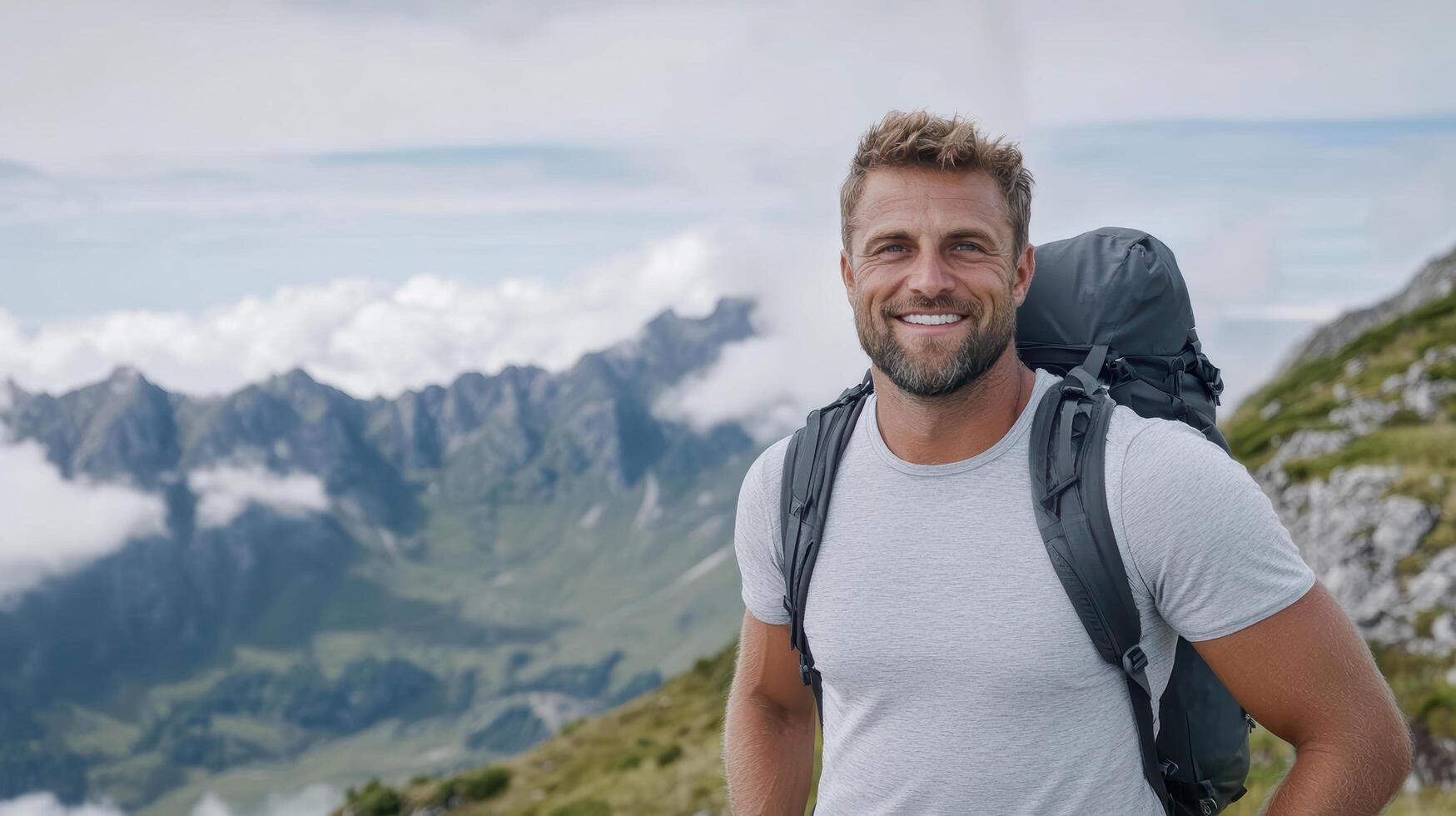 A man with a backpack standing on a mountain photo