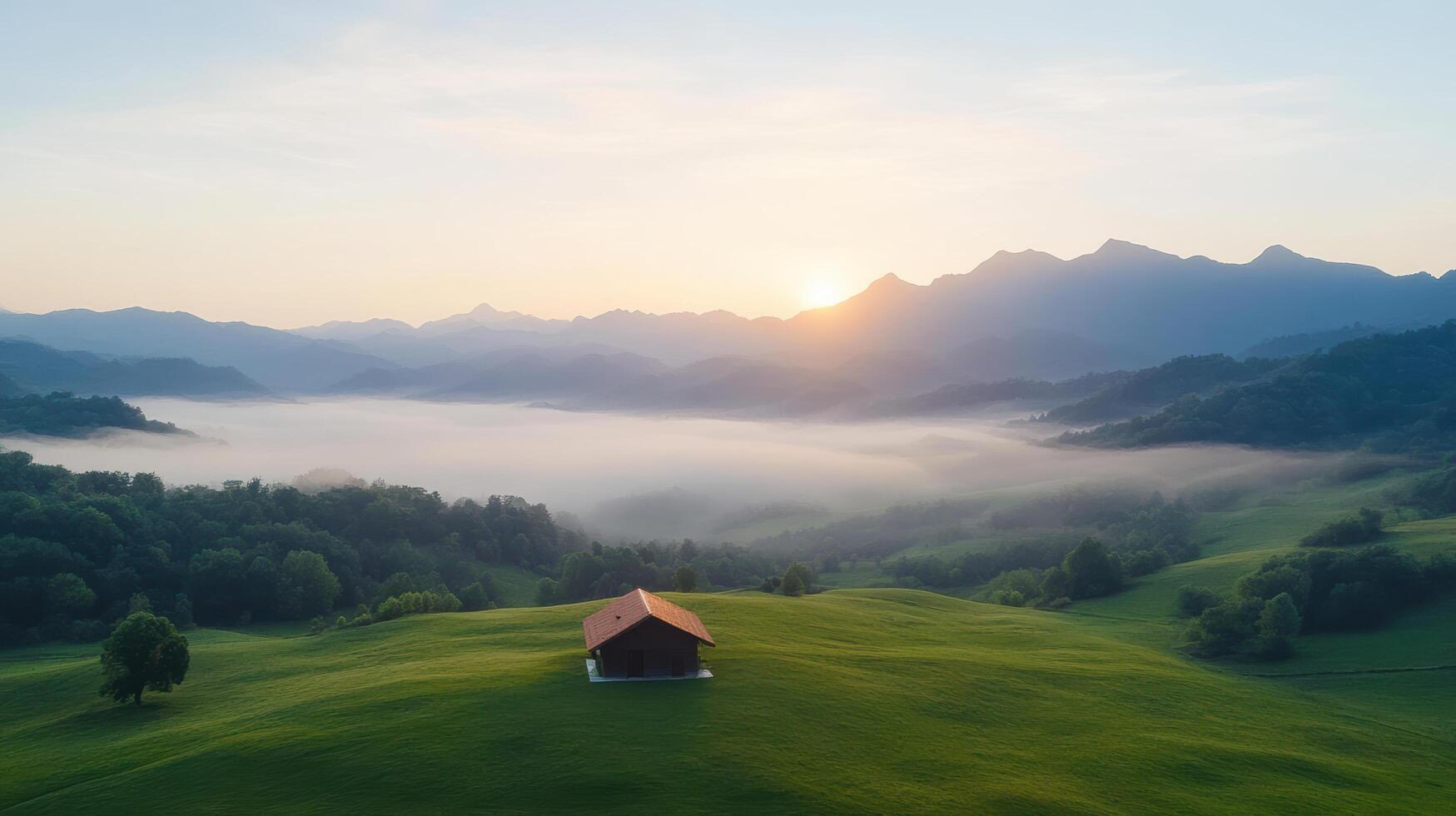 A small house in the middle of a green valley at sunrise photo