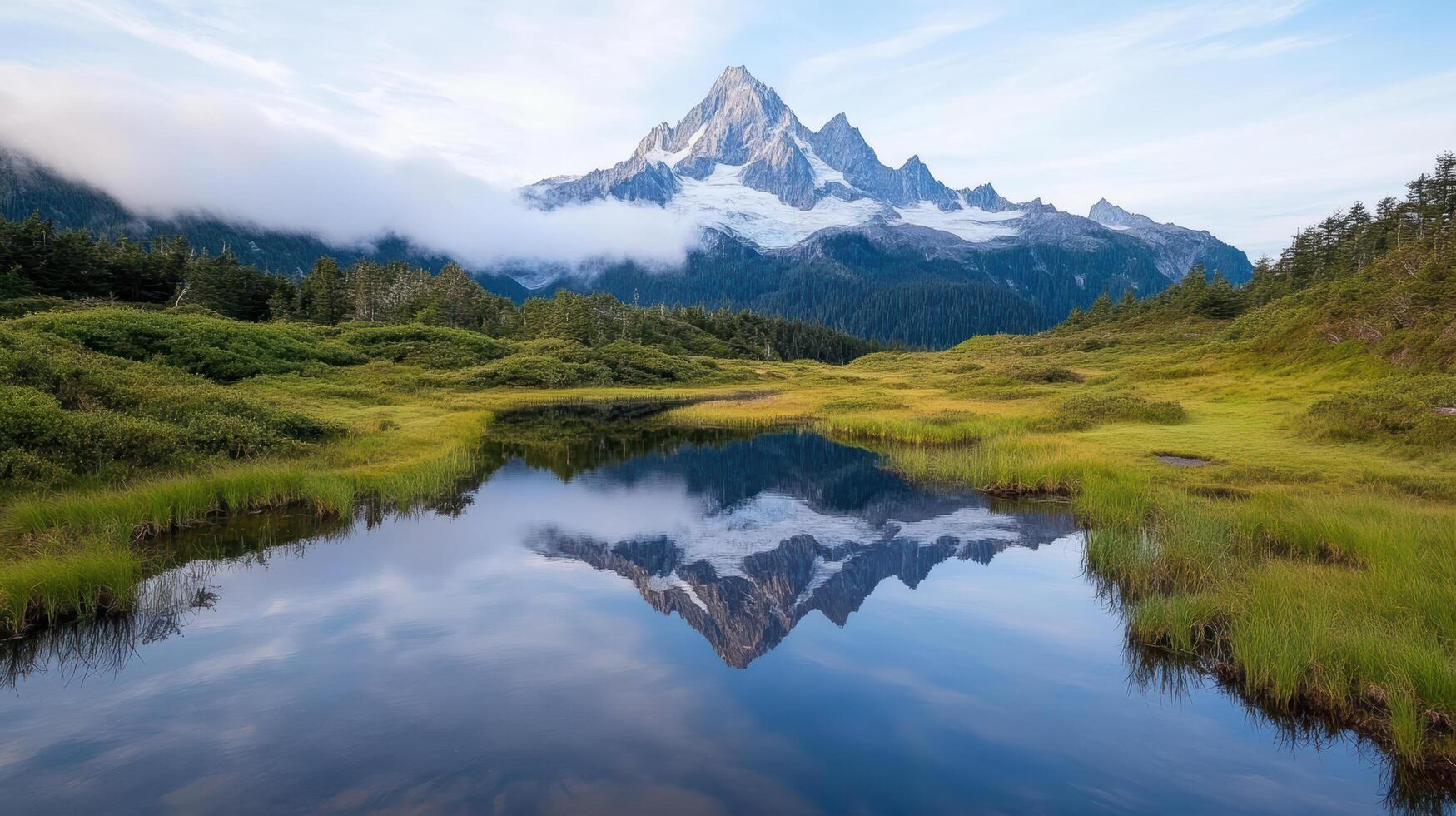 Mountains reflected in a pond with grass and trees photo