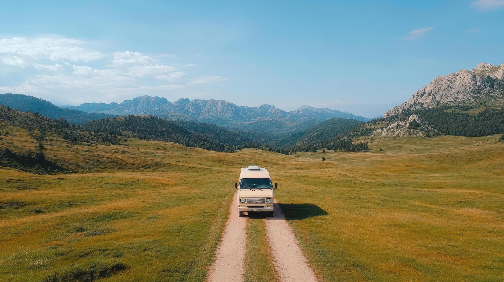 A white van driving down a dirt road in the mountains photo