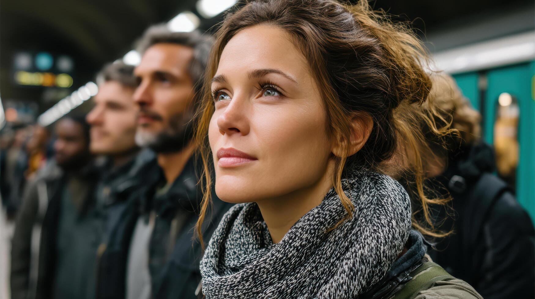 A woman standing in a subway station with other people photo