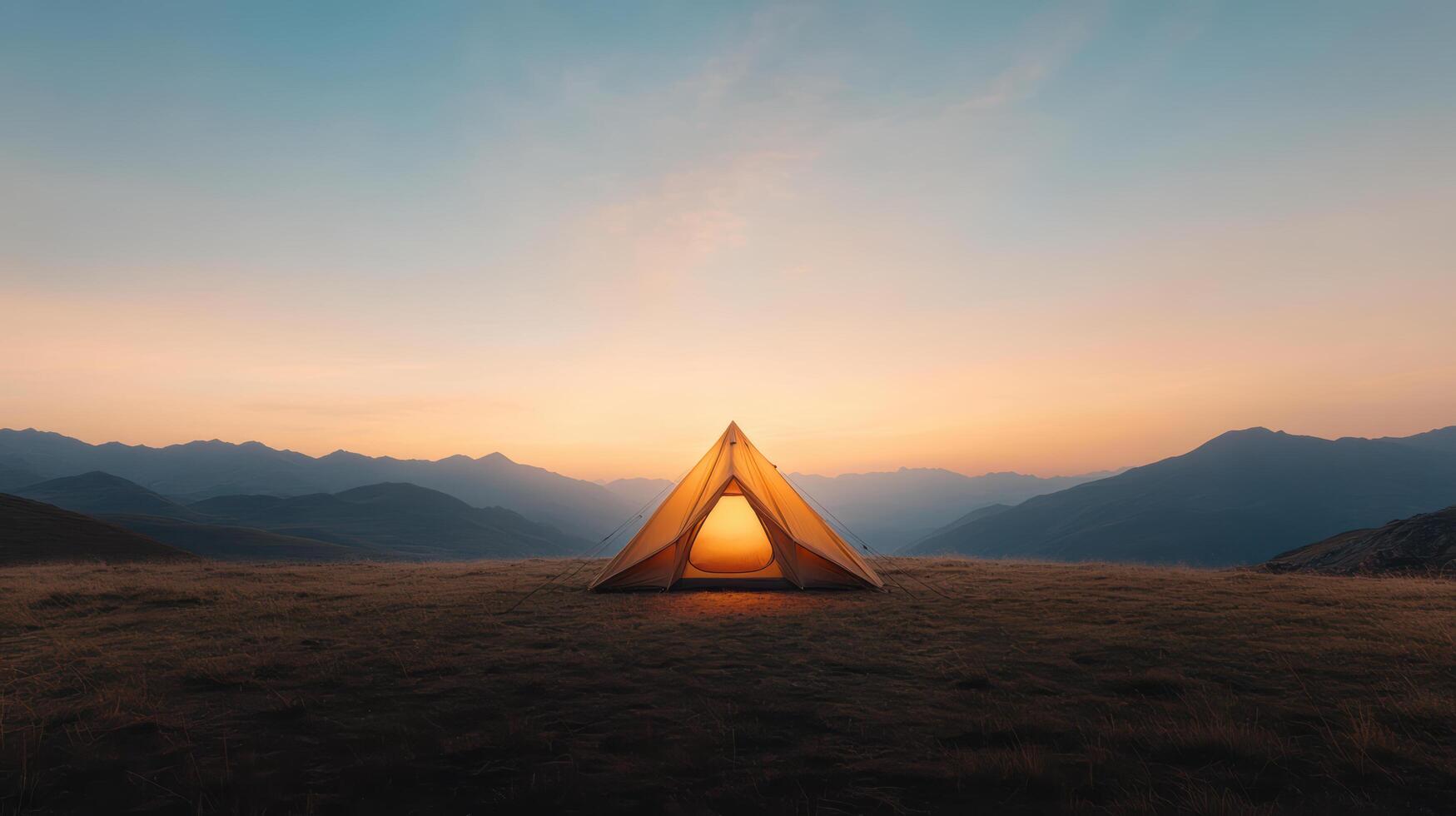 A tent is lit up in the middle of a field photo