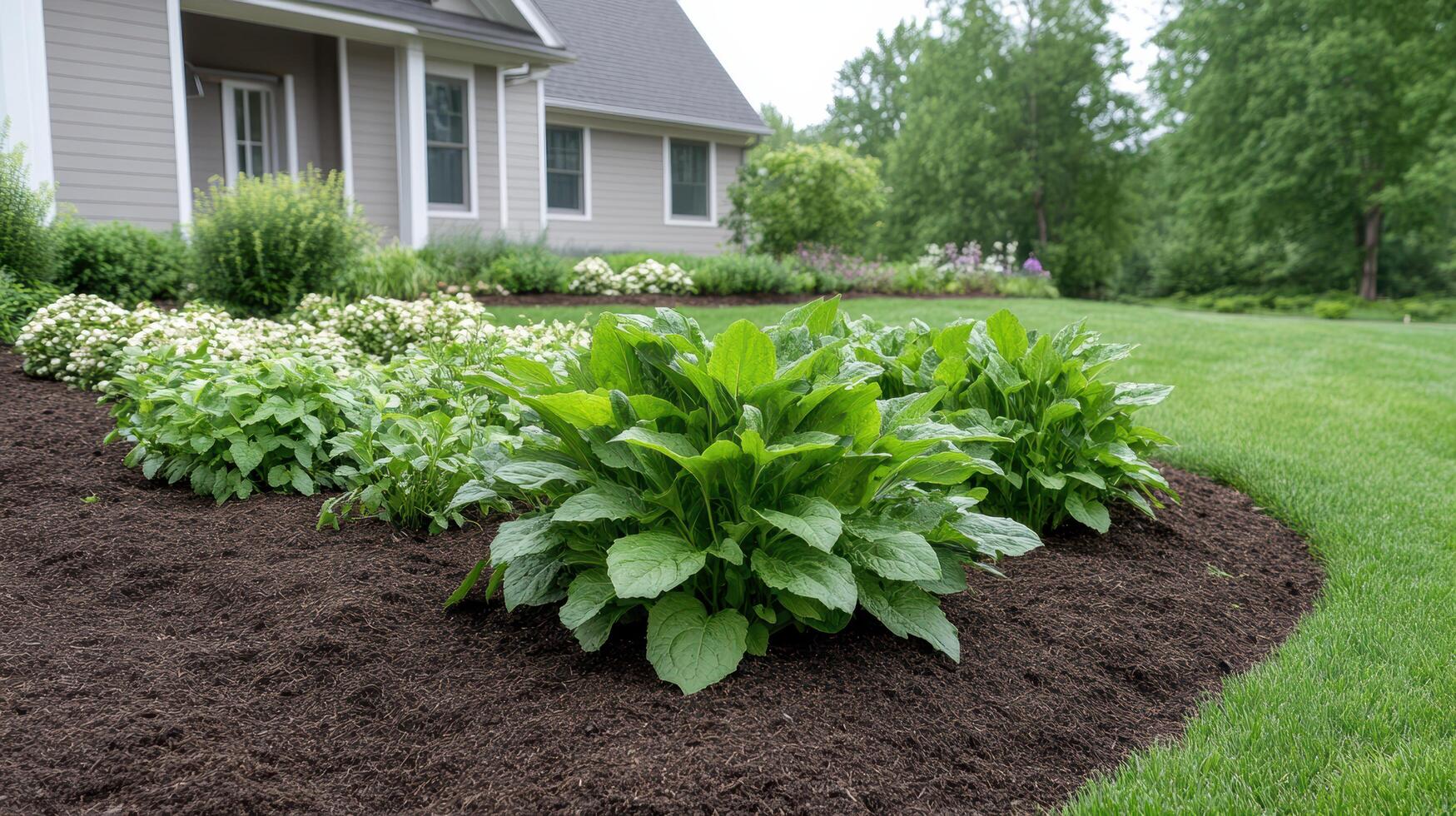 A garden with mulch and flowers in front of a house photo