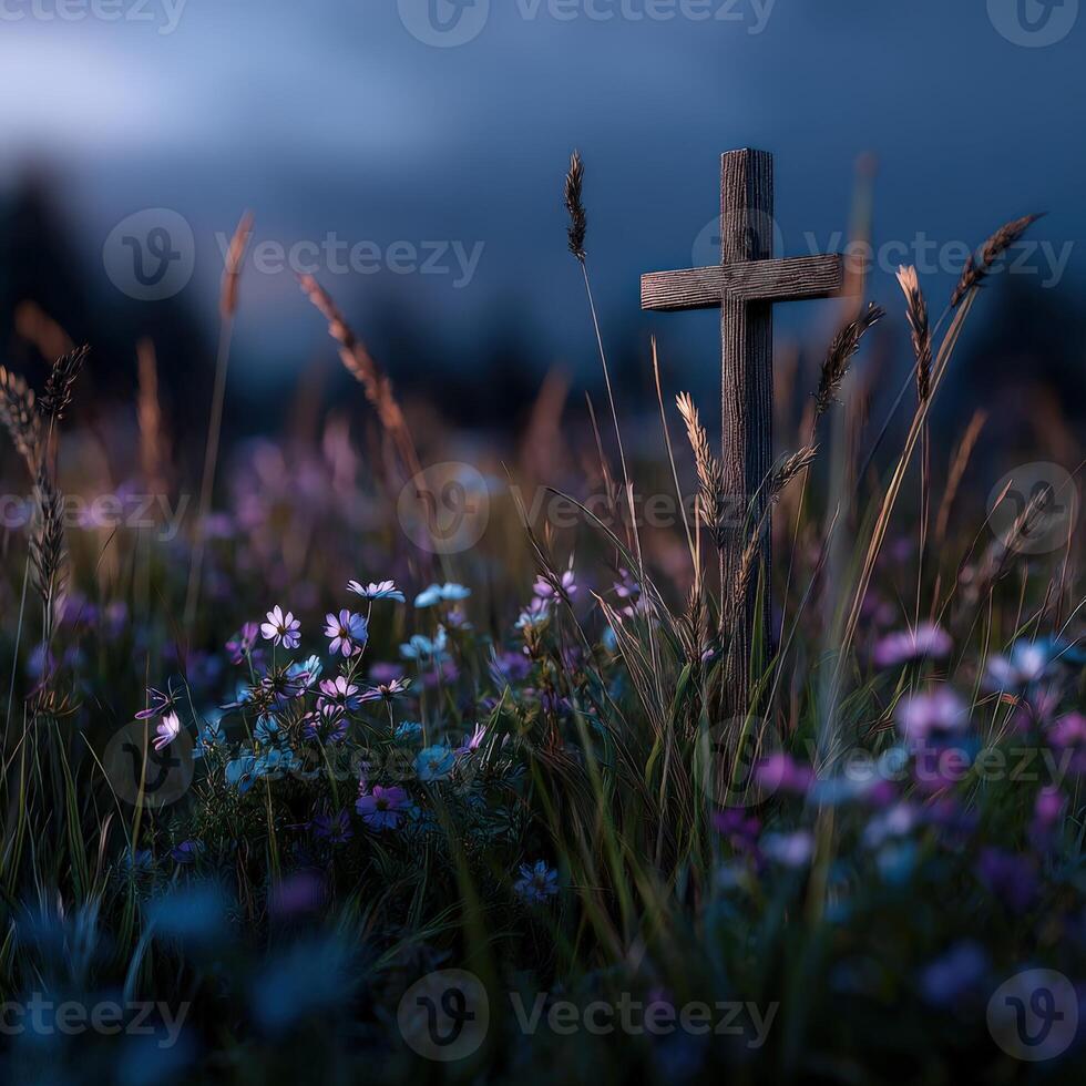 Wooden cross adorned by wildflowers in a serene field photo