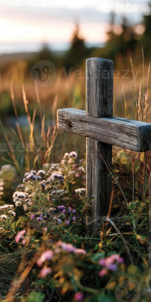 Wooden cross surrounded by flowers in a serene setting photo