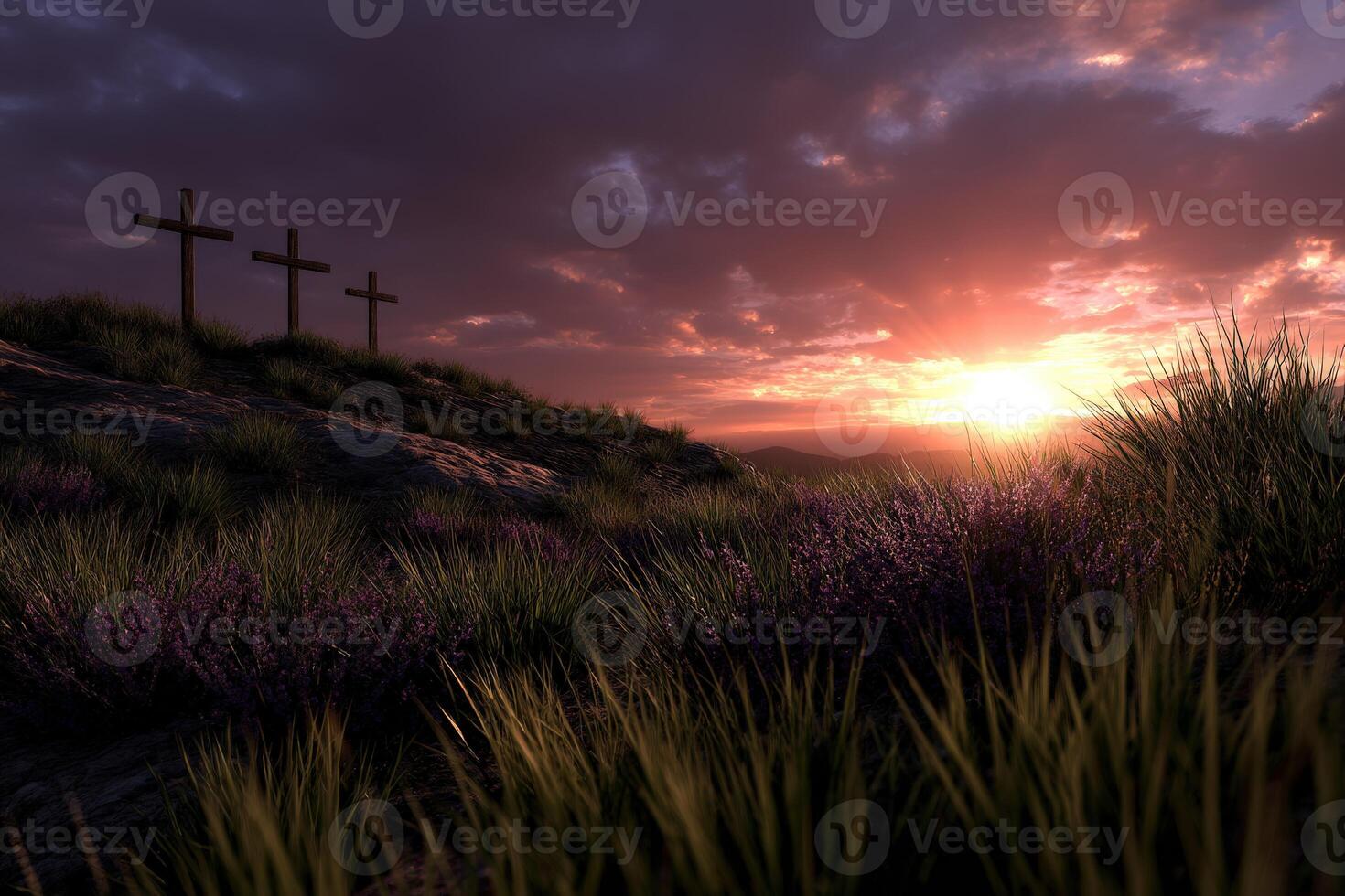 Three crosses on a hill at sunset photo