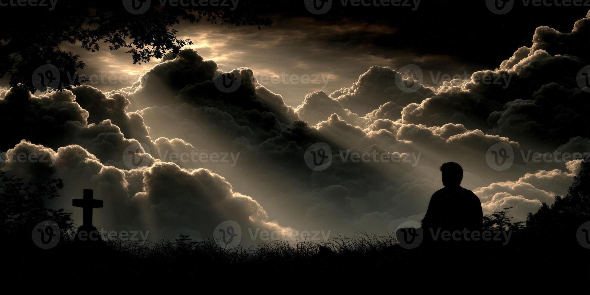 Calm reflection during sunset with clouds and cross photo