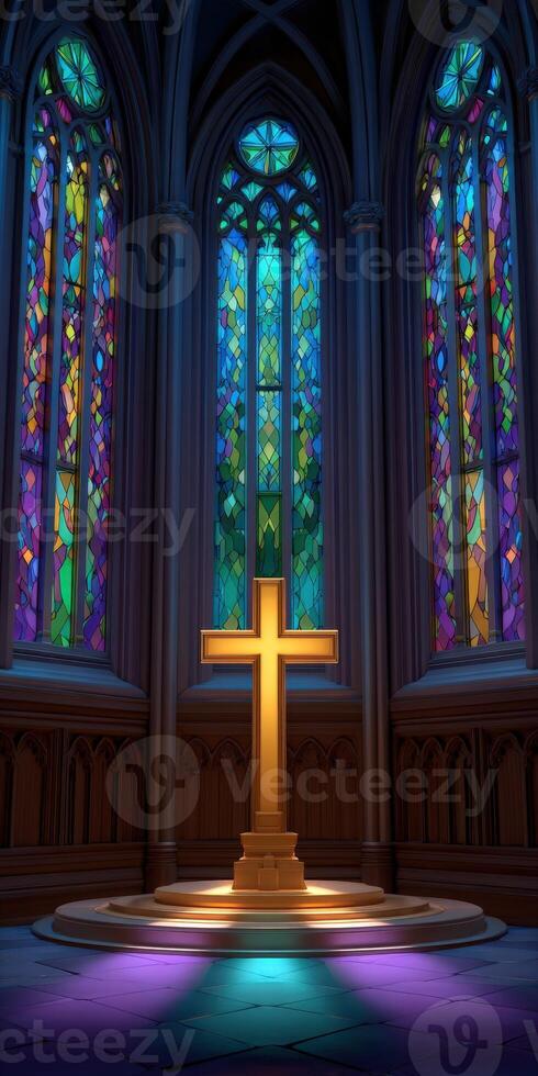 Illuminated cross beneath vibrant stained glass windows photo