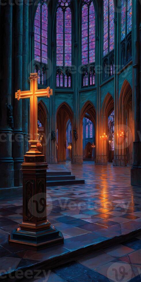 Sacred interior of a cathedral illuminated at twilight photo
