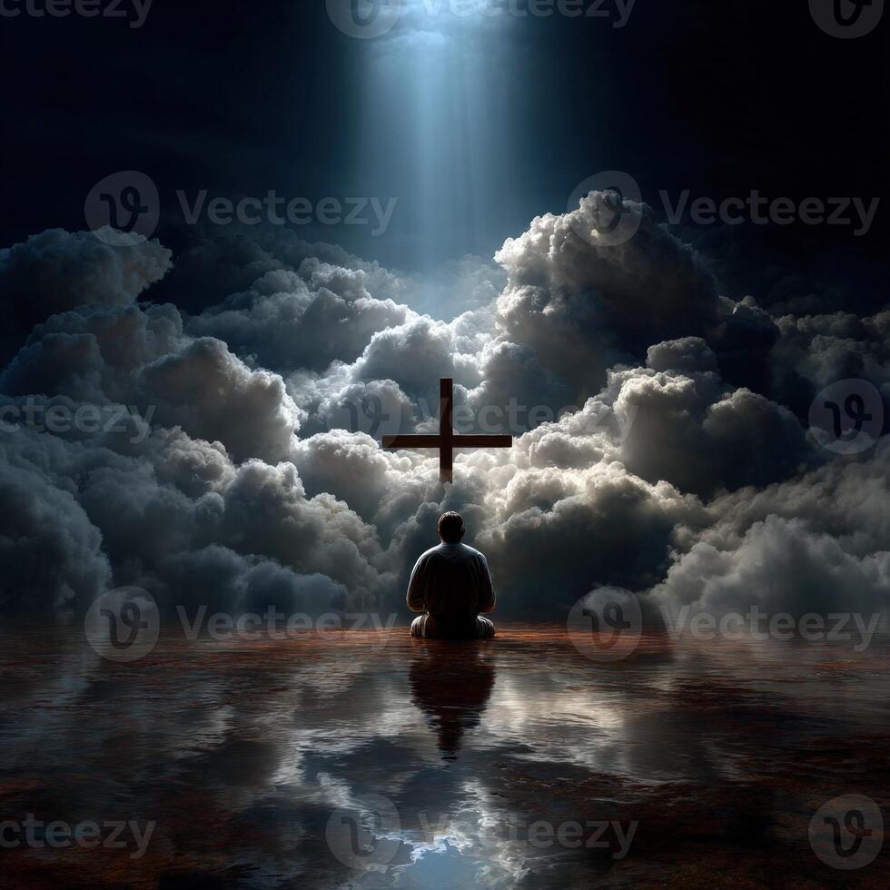 Man meditating in clouds with light and cross during twilight photo