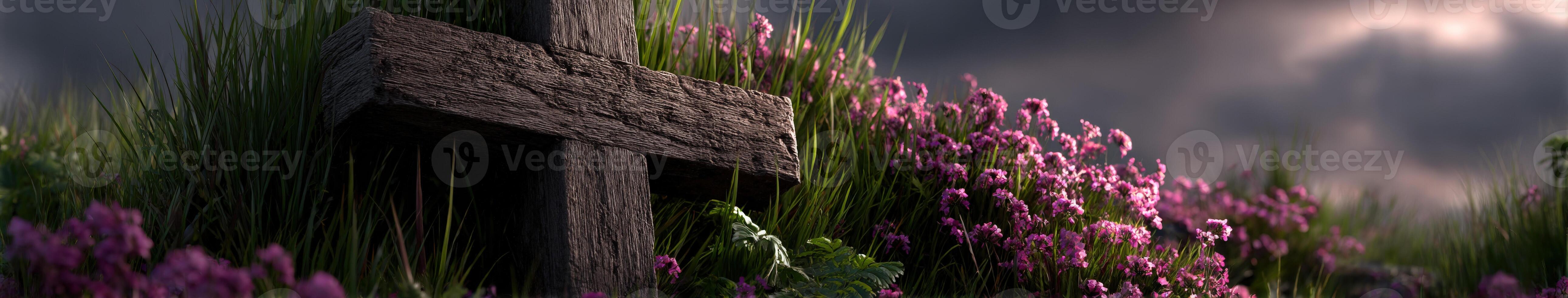 Wooden cross surrounded by blooming flowers in a serene setting photo