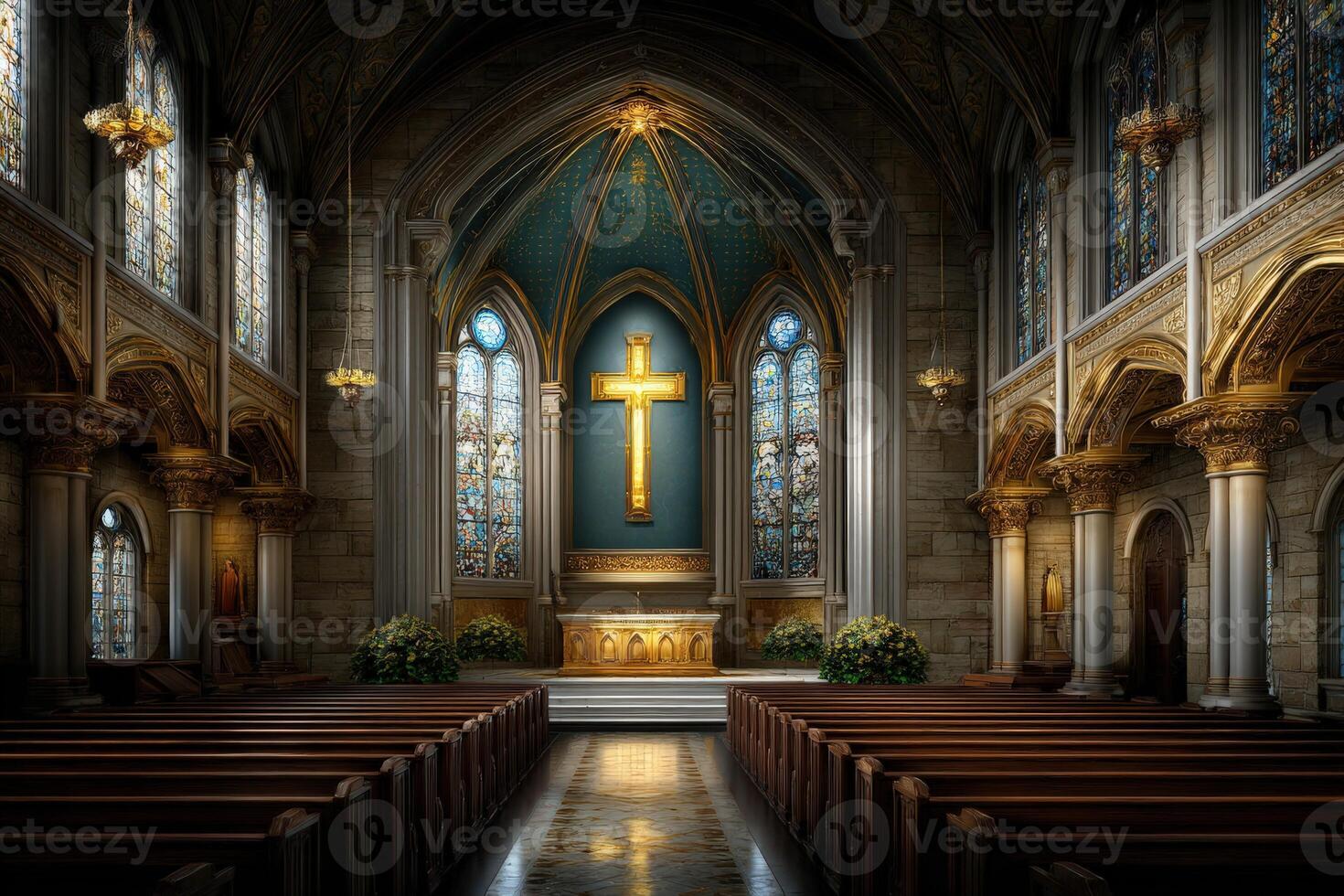 Majestic interior of a grand church with stained glass windows photo