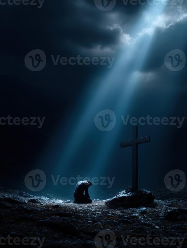 Quiet reflection in a dark atmosphere with a cross photo