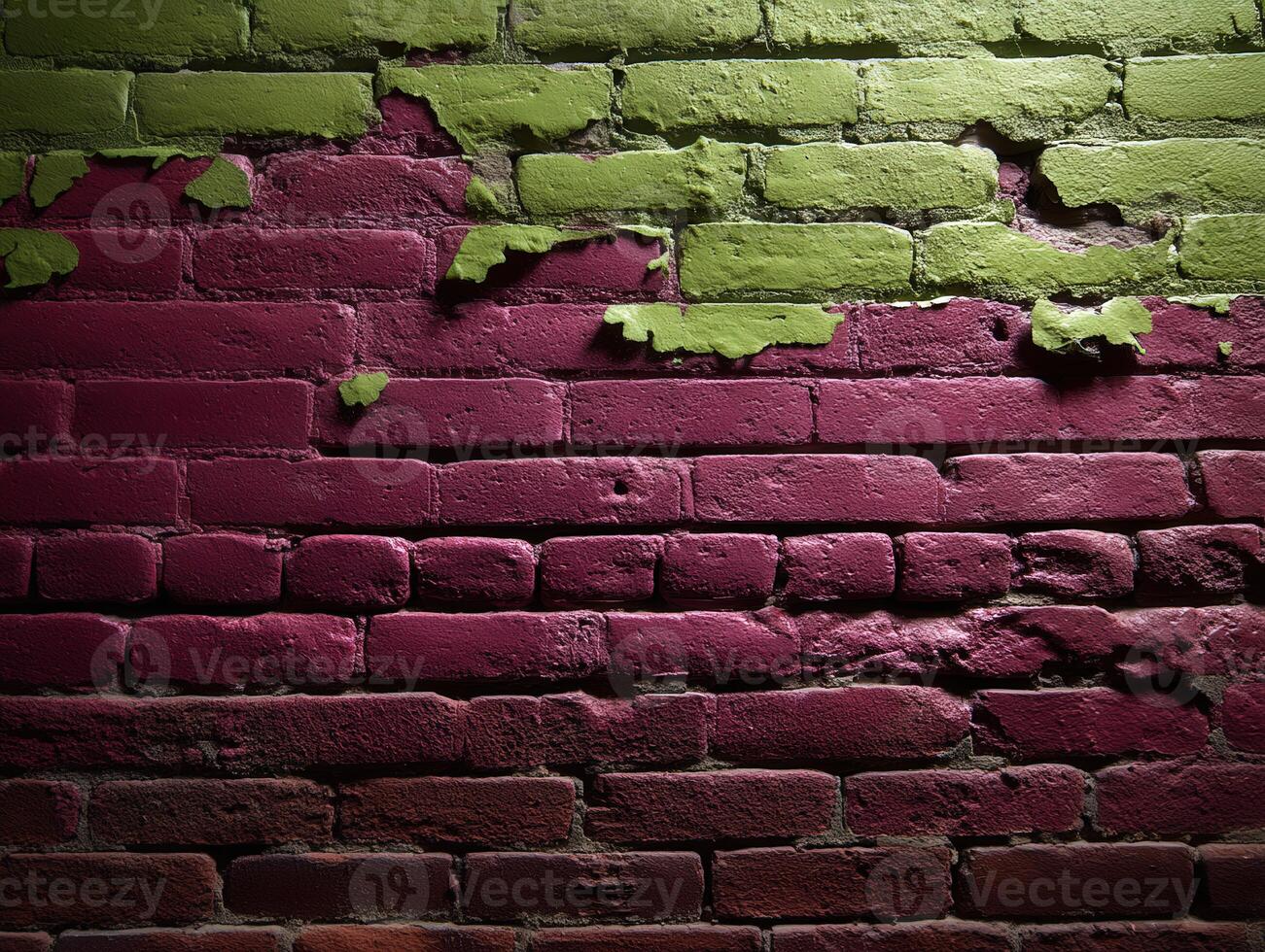 Old brick wall with peeling paint in vibrant colors photo