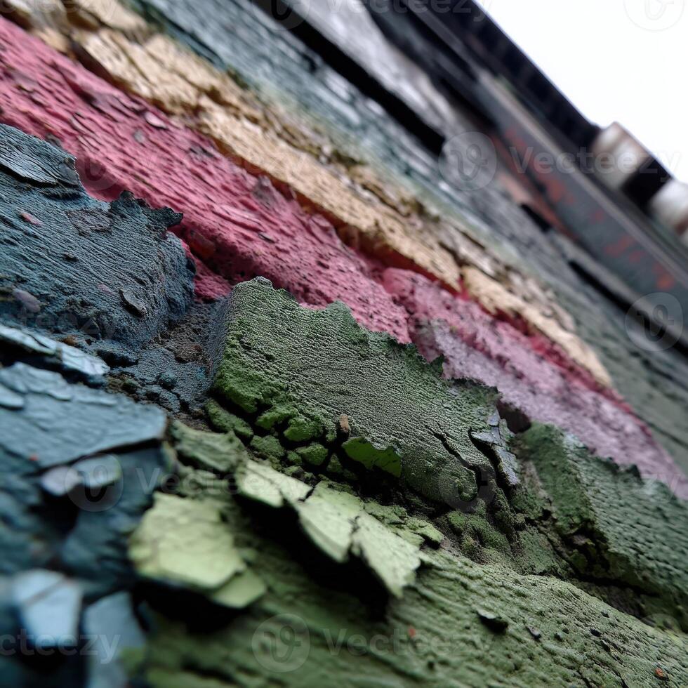 Vibrant peeling paint on an old wall in urban setting photo