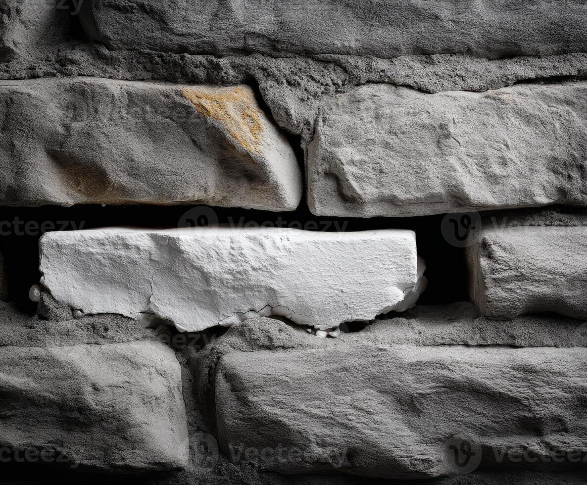Close-up view of textured stone wall with white brick photo