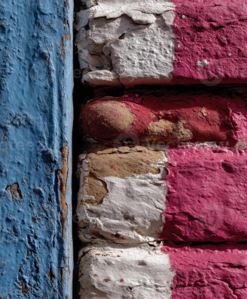 Colorful textured wall with peeling paint in urban setting photo