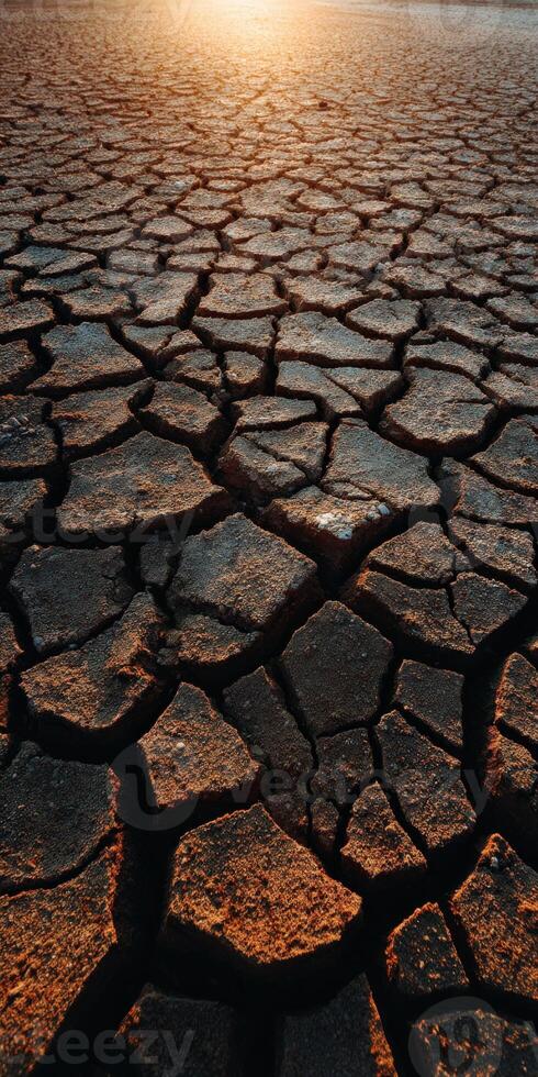 Cracked earth under sunset light in dry landscape photo