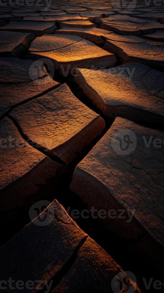 Cracked earth under warm sunset light in dry landscape photo