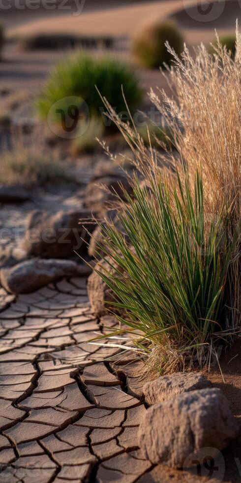 Desert landscape with dry earth and resilient vegetation photo