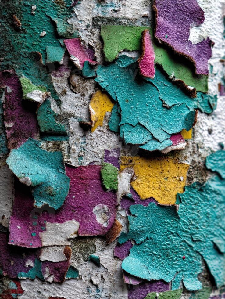 Vibrant layers of paint peeling from a weathered surface photo