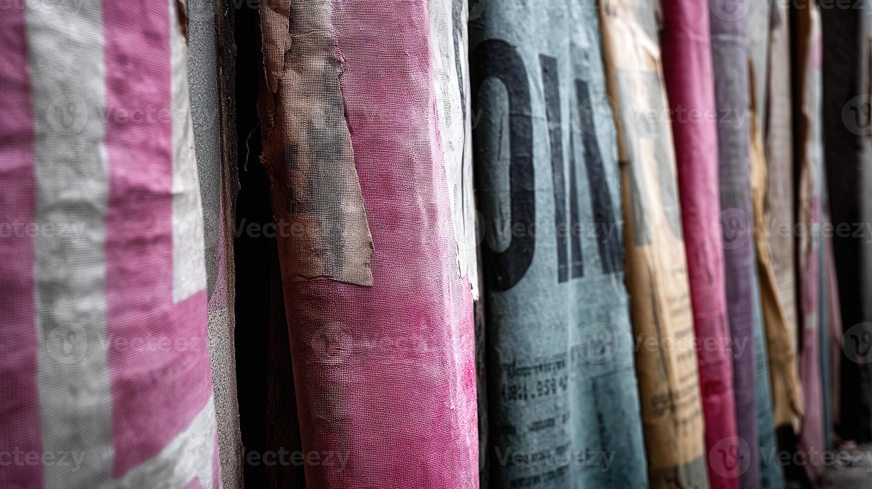 Colorful fabric banners hang on a wall at a local market photo