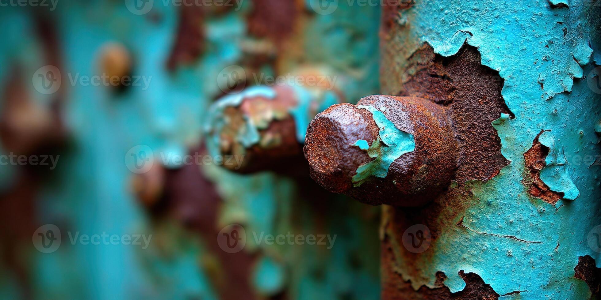 Rusty bolts on a weathered turquoise door in daylight photo