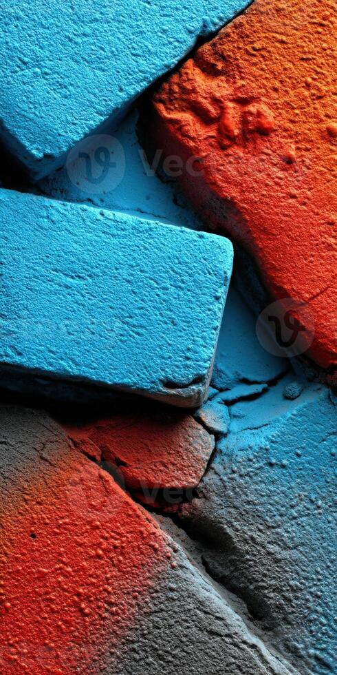 Colorful abstract texture of bricks with blue and orange hues photo
