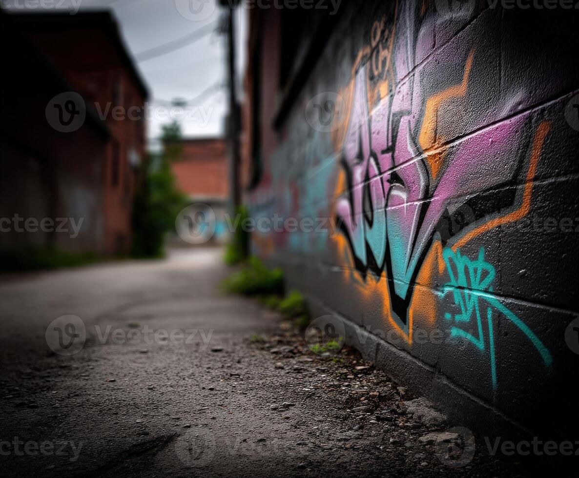 Urban alley with vibrant graffiti in artistic expression photo