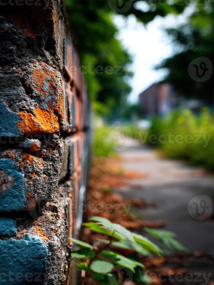 Urban landscape with textured wall and overgrown pathway photo