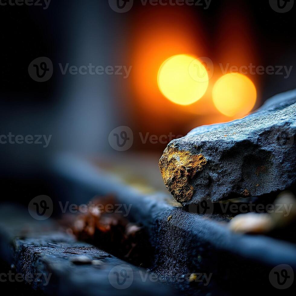 Warm glow from fire contrasts with rough stone surface photo