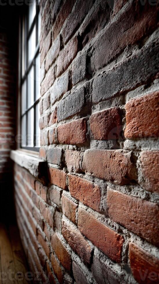 Brick wall with natural light streaming through window photo