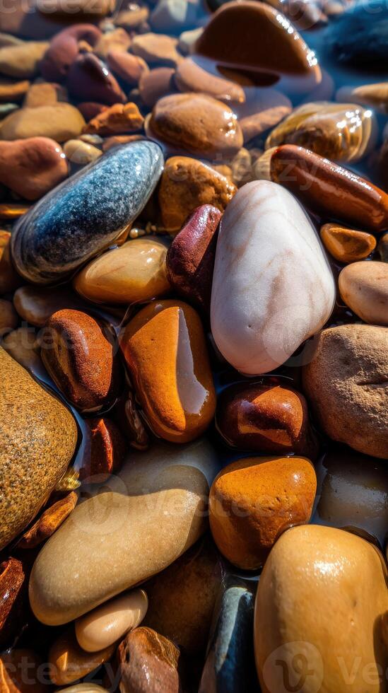 Colorful pebbles resting in clear water at the shore photo